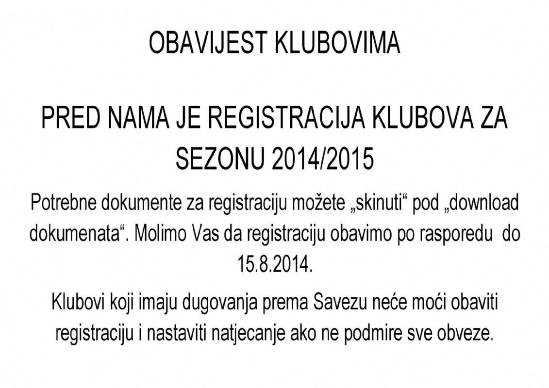 Obavijest svim klubovima - sastavi liga u sezoni 2014-2015