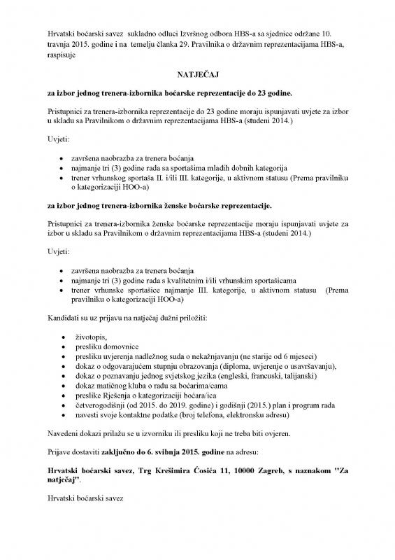 Raspisan Natječaj za izbornike